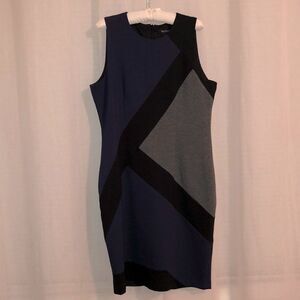 WHBM 14 Navy Gray Black Colorblock Sheath Sleeveless Stretch Midi Dress